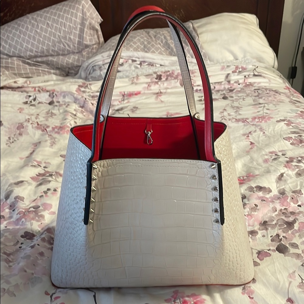 Christian Louboutin White and Red “Cabarock” Tote Bag with Modern Design